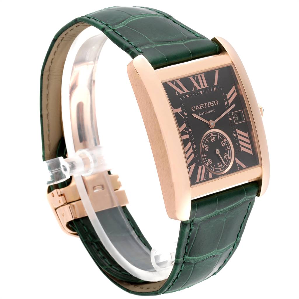 The image shows a Cartier Tank MC W5330002 Men's Rose Gold Brown Dial W5330002 Men's Rose Gold Brown Dial watch at a slight angle, highlighting its green leather strap, rose gold case, and black dial with Roman numerals.