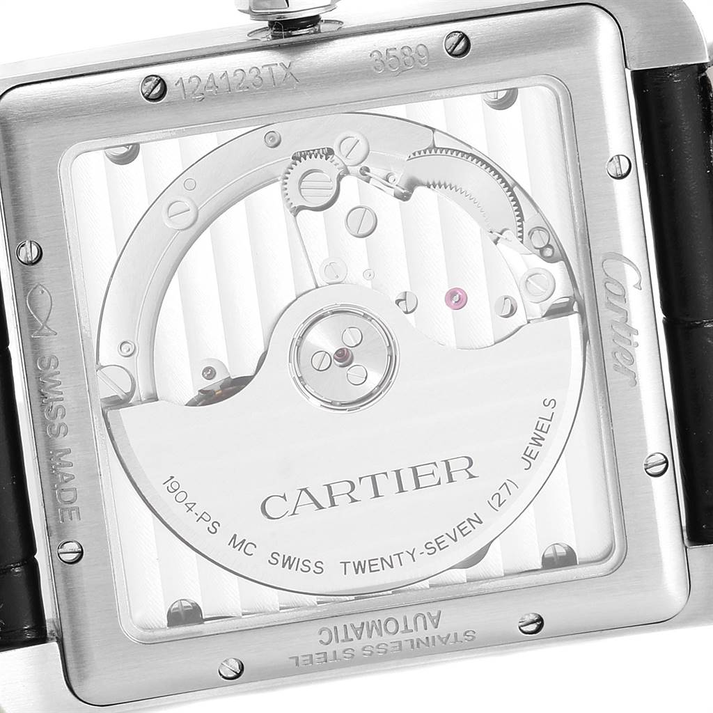 The image shows the back of the Cartier Tank MC W5330004 Men's Stainless Steel Black Dial W5330004 Men's Stainless Steel Black Dial watch, revealing its automatic movement and internal mechanisms.