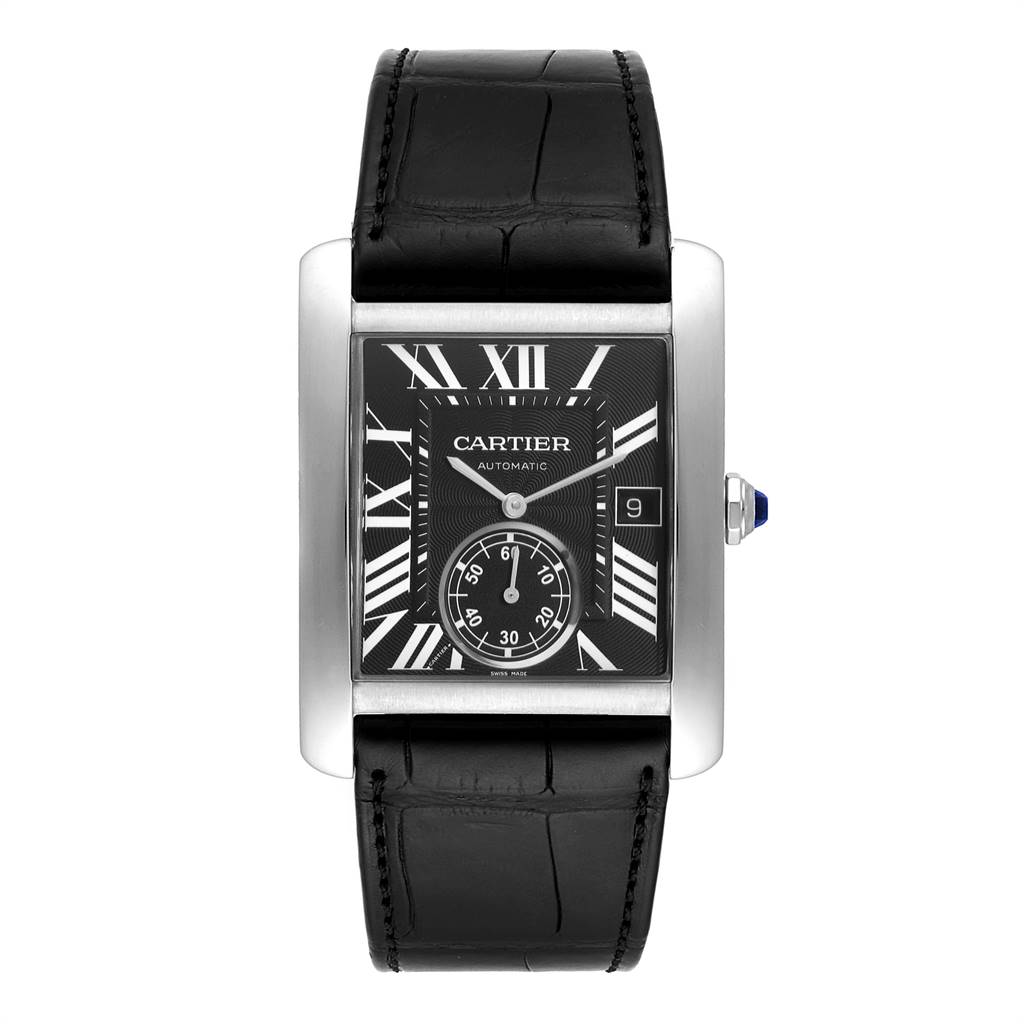 The image shows a Cartier Tank MC W5330004 Men's Stainless Steel Black Dial W5330004 Men's Stainless Steel Black Dial watch, displaying the front view with a black leather strap and Roman numeral dial.