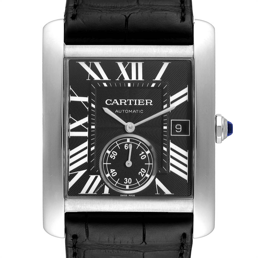 The image shows a front view of a Cartier Tank MC W5330004 Men's Stainless Steel Black Dial W5330004 Men's Stainless Steel Black Dial watch, featuring its rectangular dial, black leather strap, and crown with a blue sapphire.