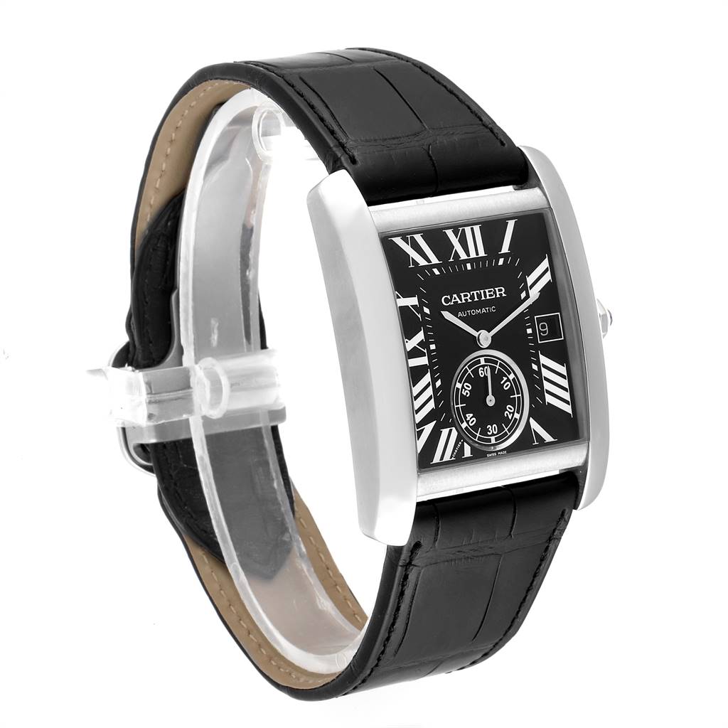 The image shows a Cartier Tank MC W5330004 Men's Stainless Steel Black Dial W5330004 Men's Stainless Steel Black Dial watch at an angle, featuring its black dial, Roman numerals, subdial, and leather strap.
