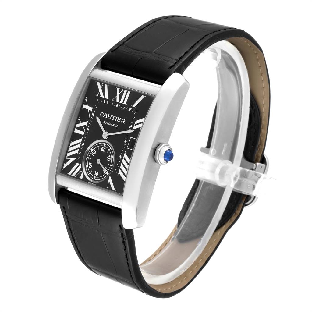 The Cartier Tank MC W5330004 Men's Stainless Steel Black Dial W5330004 Men's Stainless Steel Black Dial watch is shown at a front angle, highlighting its black dial, Roman numerals, stainless steel case, and black leather strap.