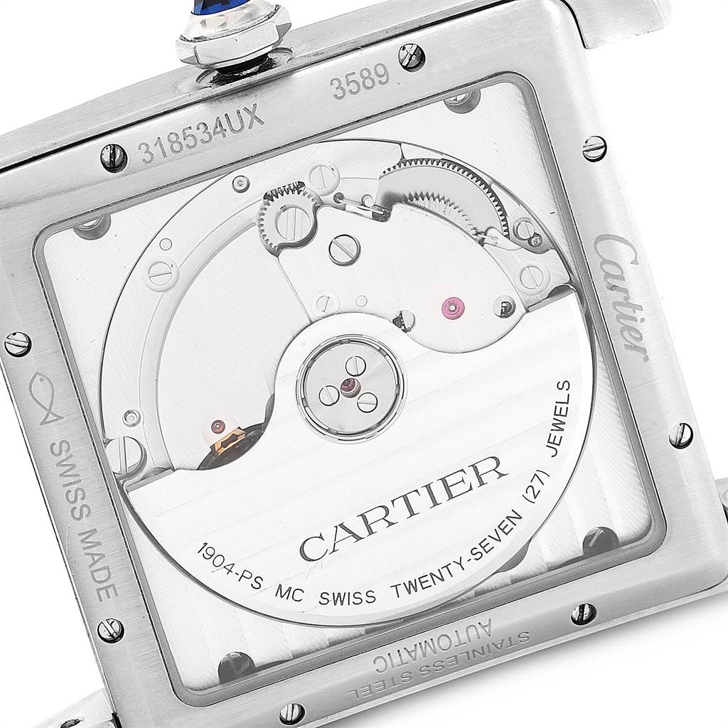 The image shows the back of the Cartier Tank MC W5330003 Stainless Steel Silver Dial W5330003 Stainless Steel Silver Dial watch, revealing its movement and internal mechanisms.