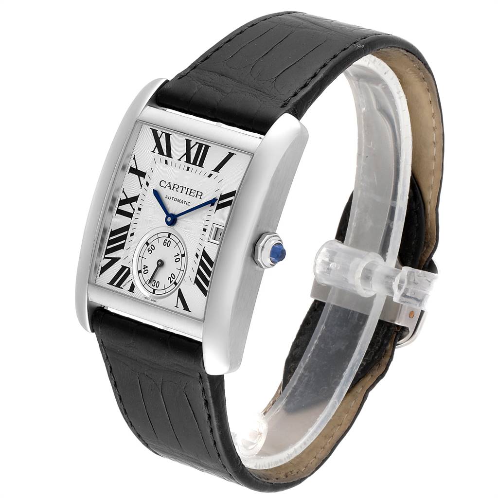This image shows the Cartier Tank MC W5330003 Stainless Steel Silver Dial W5330003 Stainless Steel Silver Dial watch at a three-quarter angle, including the face, dial, crown, and strap.