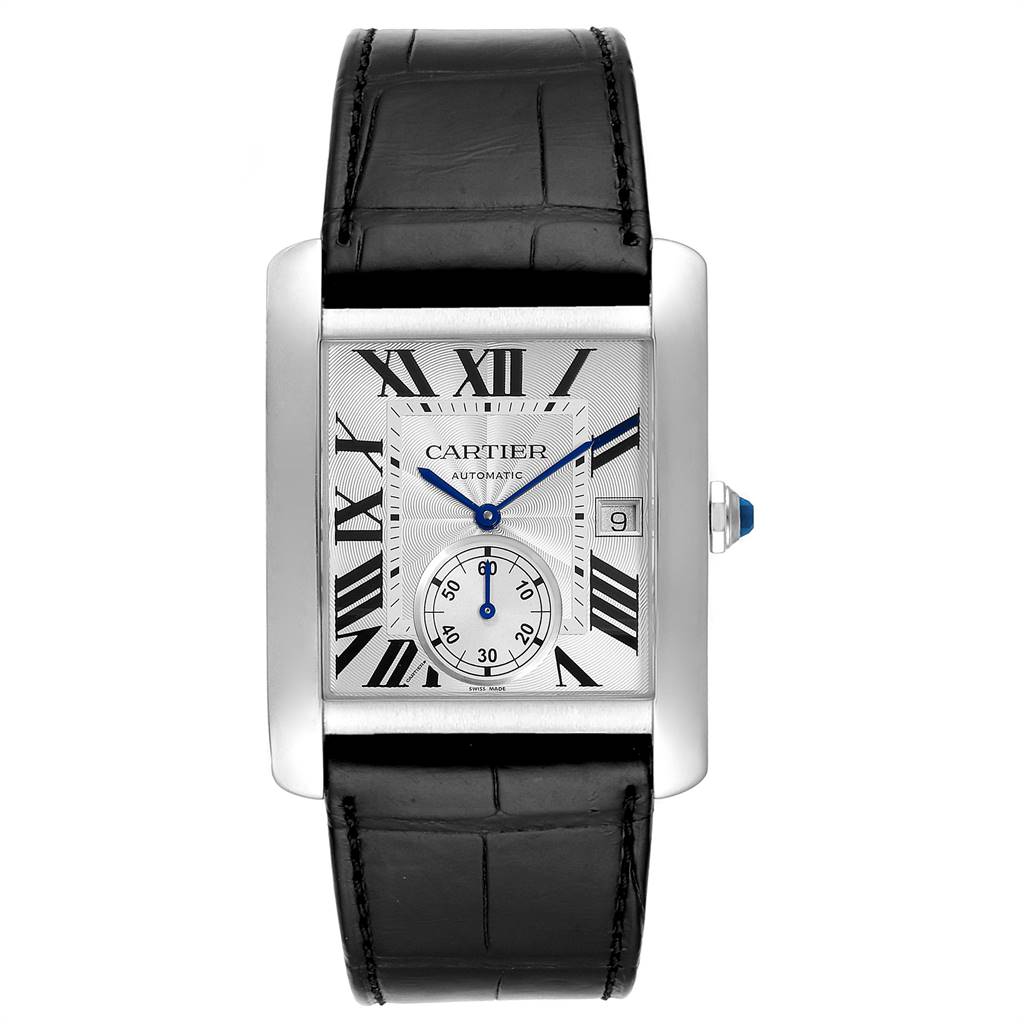 The image shows a front view of the Cartier Tank MC W5330003 Men's Stainless Steel Silver Dial W5330003 Men's Stainless Steel Silver Dial watch, highlighting its rectangular face, Roman numerals, and black leather strap.