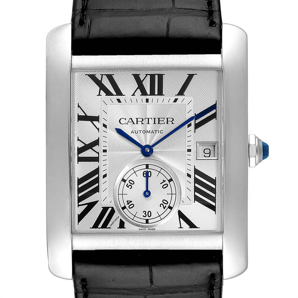The image shows a frontal view of the Cartier Tank MC W5330003 Men's Stainless Steel Silver Dial W5330003 Men's Stainless Steel Silver Dial watch, displaying its dial, hands, date window, and part of the strap.
