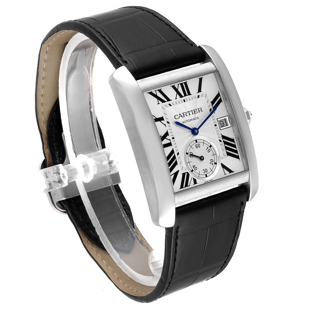 The Cartier Tank MC W5330003 Men's Stainless Steel Silver Dial W5330003 Men's Stainless Steel Silver Dial watch is shown at an angled side view, highlighting the case, dial, and black leather strap.