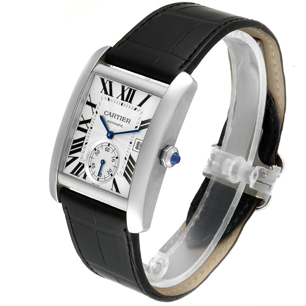 This image shows a Cartier Tank MC W5330003 Men's Stainless Steel Silver Dial W5330003 Men's Stainless Steel Silver Dial watch at an angle highlighting the face, crown, and black leather strap.