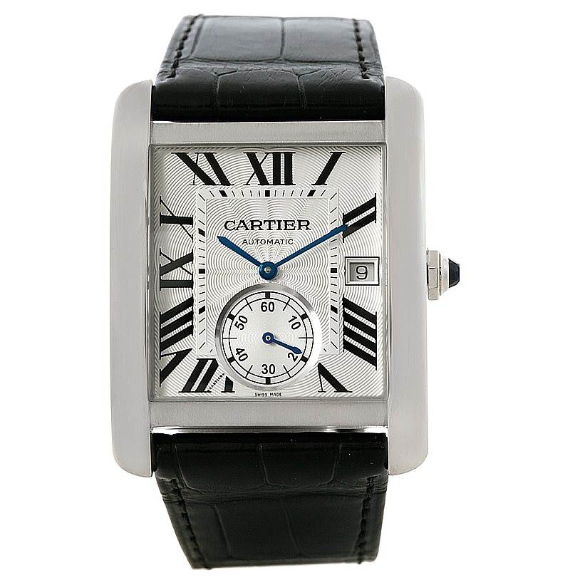 The Cartier Tank MC W5330003 Men's Stainless Steel Silver Dial W5330003 Men's Stainless Steel Silver Dial watch is shown from a front angle, displaying its rectangular face, Roman numerals, and black leather strap.