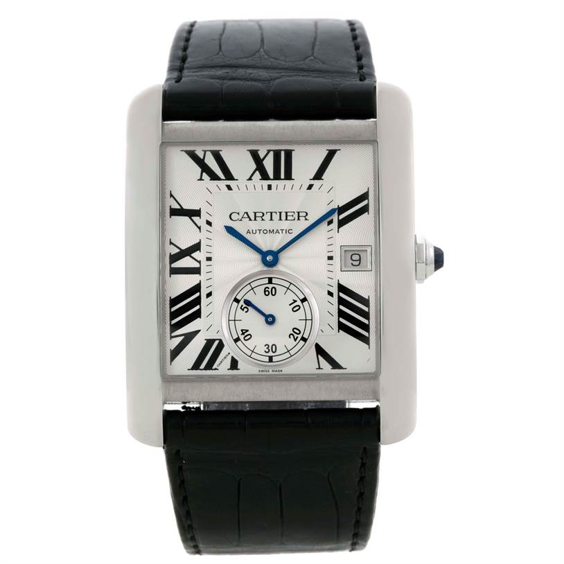 The Cartier Tank MC W5330003 Men's Stainless Steel Silver Dial W5330003 Men's Stainless Steel Silver Dial model watch is shown from a front angle, displaying the face, leather strap, and side crown.