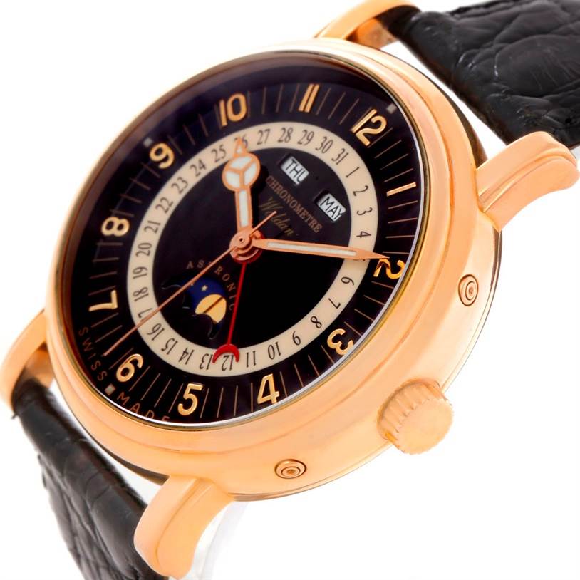 The image shows a front and slightly angled side view of the Waldan Men's Rose Gold Black Dial Men's Rose Gold Black Dial Astronic Triple Date Moonphase 18K Rose Gold Watch including its dial, case, and crown.