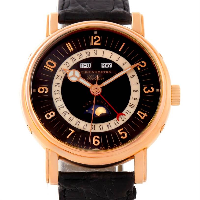 This image shows the front view of the Waldan Men's Rose Gold Black Dial Men's Rose Gold Black Dial Astronic Triple Date Moonphase 18K Rose Gold Watch, displaying the dial and complications.