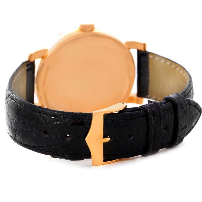 This image shows the back side of the Waldan Men's Rose Gold Black Dial Men's Rose Gold Black Dial Astronic Triple Date Moonphase 18K Rose Gold Watch, focusing on the strap and clasp.