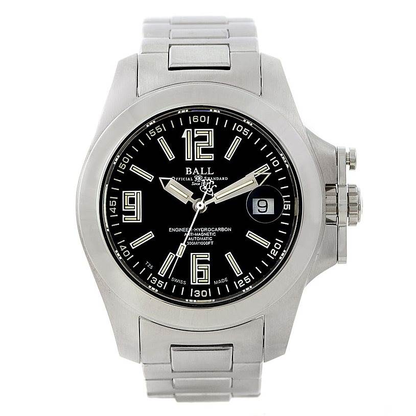 This image shows the front view of a Ball Engineer NM1096A Men's Stainless Steel Black Dial NM1096A Men's Stainless Steel Black Dial Hydrocarbon watch, highlighting the dial, hands, and metal bracelet.