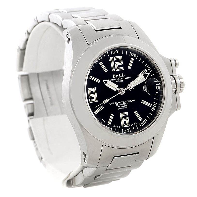 The Ball Engineer NM1096A Men's Stainless Steel Black Dial NM1096A Men's Stainless Steel Black Dial model watch is shown at a slight angle, displaying the face, bezel, bracelet, and crown.