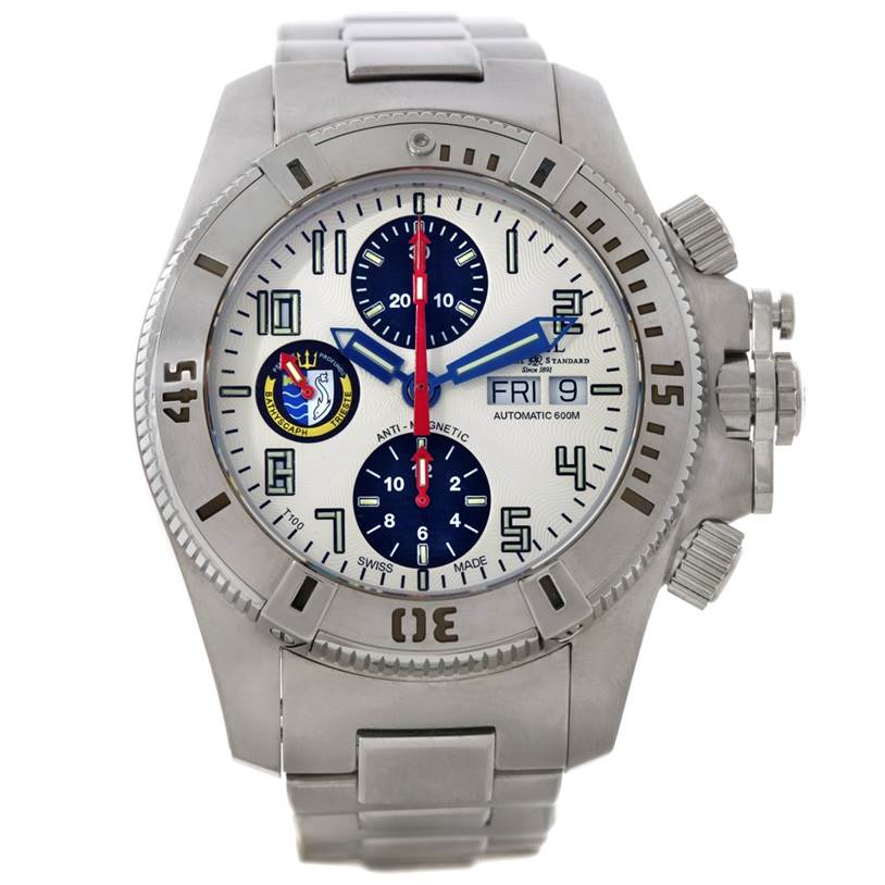 This image shows a front view of the Ball DC1028A Men's Titanium White Dial DC1028A Men's Titanium White Dial Hydrocarbon Bathyscaph Trieste 600m Limited Watch DC1028A, including its face, bezel, and crown.