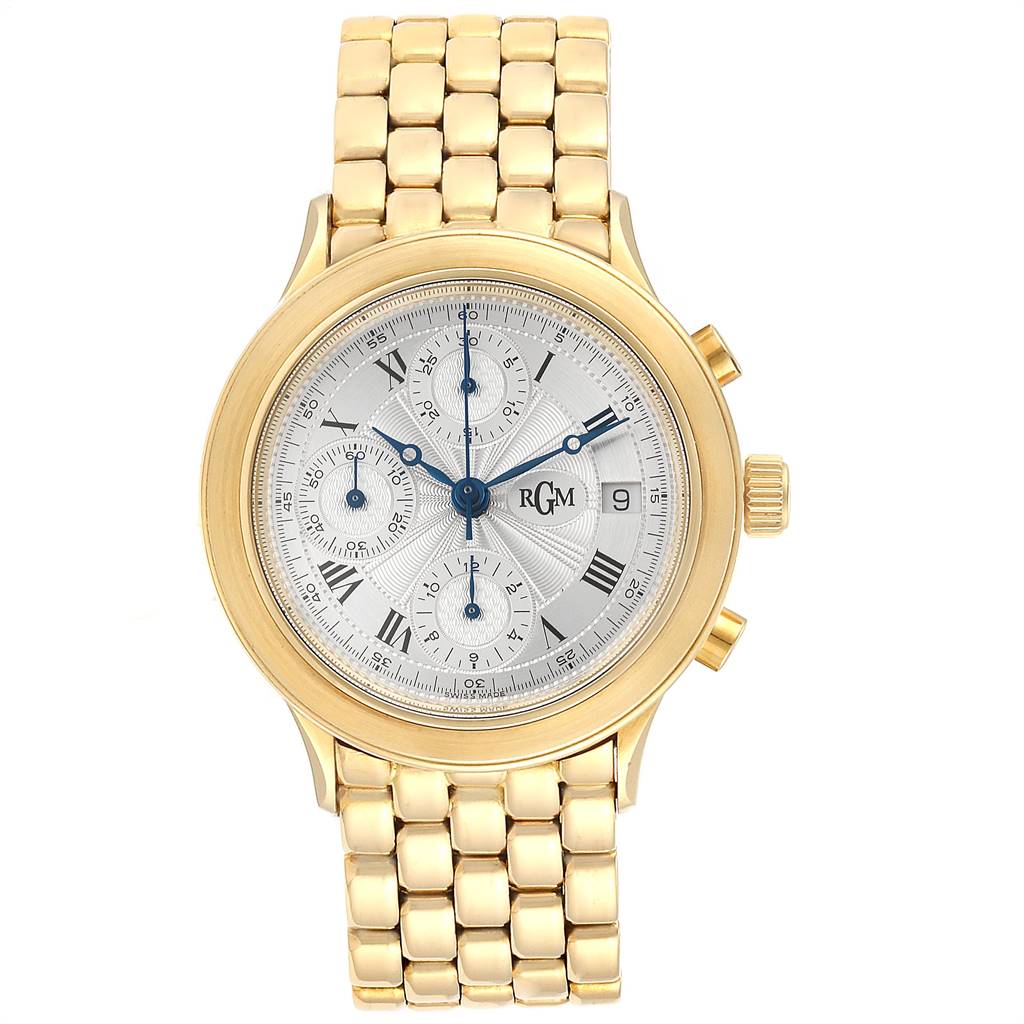 The image shows a front view of the RGM 101 Men's Yellow Gold Silver Dial 101 Men's Yellow Gold Silver Dial model 101 Yellow Gold Silver Guilloche Dial Chronograph Men's Watch, including the dial and bracelet.