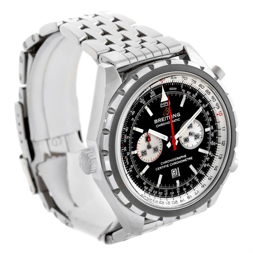 The image shows the front and side view of the Breitling Chronomatic A41360 Men's Stainless Steel Black Dial A41360 Men's Stainless Steel Black Dial watch, highlighting its dial and metal bracelet.