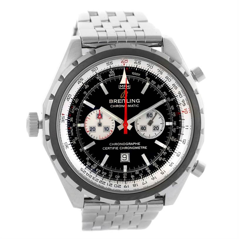 This image shows a front view of the Breitling Chronomatic A41360 Men's Stainless Steel Black Dial A41360 Men's Stainless Steel Black Dial watch, displaying the face, bezel, and stainless steel bracelet.