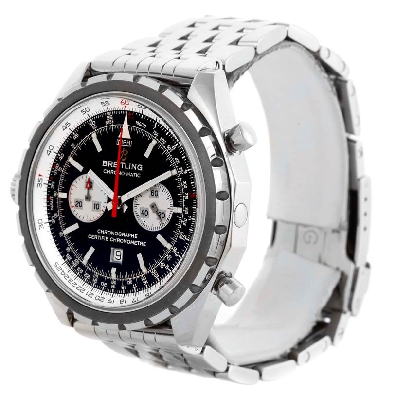 The image shows a front-side view of a Breitling Chronomatic A41360 Men's Stainless Steel Black Dial A41360 Men's Stainless Steel Black Dial watch, highlighting its dial, bezel, crown, and metal bracelet.