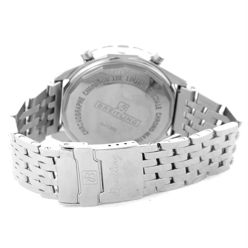 The image shows the back and part of the bracelet clasp of a Breitling Chronomatic A41360 Men's Stainless Steel Black Dial A41360 Men's Stainless Steel Black Dial watch.