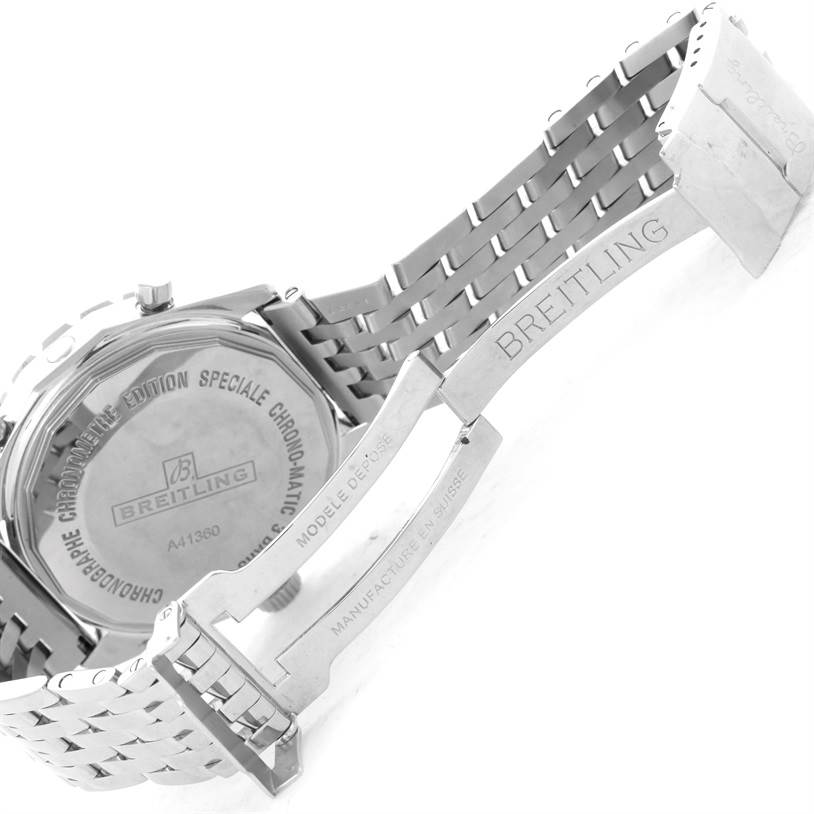 The image shows the open stainless steel bracelet and back case of the Breitling Chronomatic A41360 Men's Stainless Steel Black Dial A41360 Men's Stainless Steel Black Dial watch.