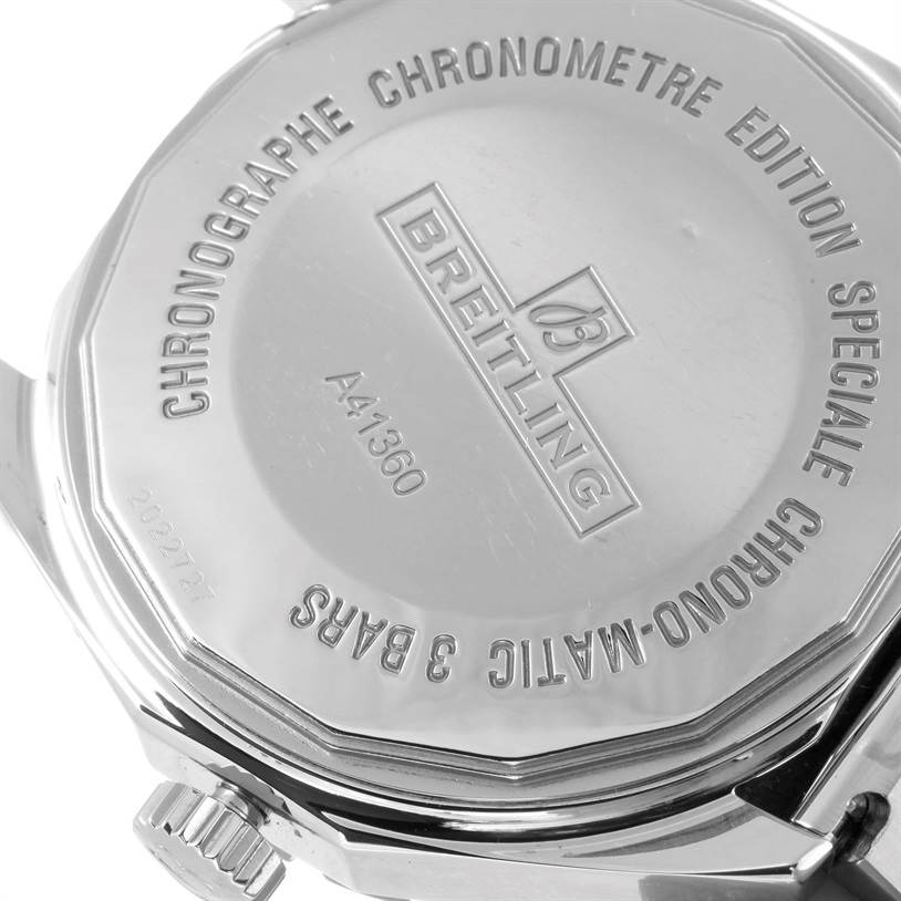 The image shows the caseback of a Breitling Chronomatic A41360 Men's Stainless Steel Black Dial A41360 Men's Stainless Steel Black Dial watch from an angled view.