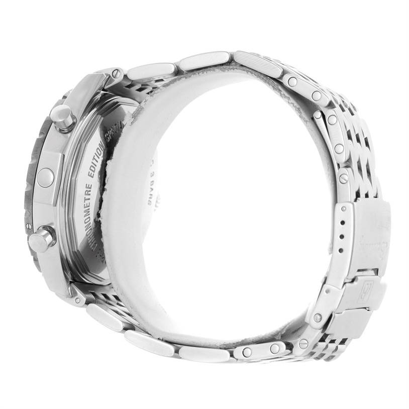 Side view of the Breitling Chronomatic A41360 Men's Stainless Steel Black Dial A41360 Men's Stainless Steel Black Dial watch showing the case, crown, pushers, and metal bracelet with clasp.