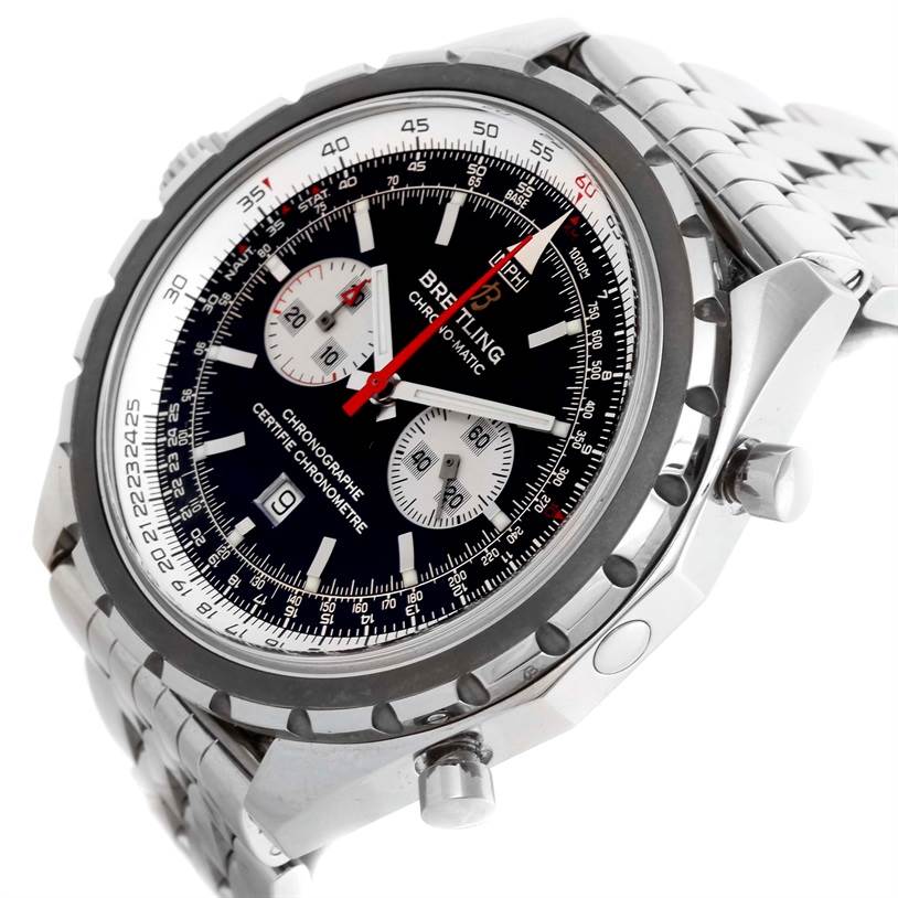 The image shows a Breitling Chronomatic A41360 Men's Stainless Steel Black Dial A41360 Men's Stainless Steel Black Dial watch at a three-quarter angle, highlighting the dial, crown, pushers, and bracelet.
