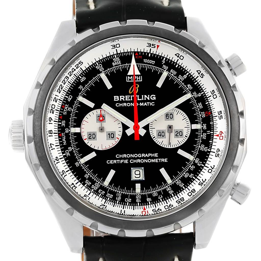 The image shows a front view of the Breitling Chronomatic A41360 Men's Stainless Steel Black Dial A41360 Men's Stainless Steel Black Dial watch, highlighting its face, bezel, and strap.