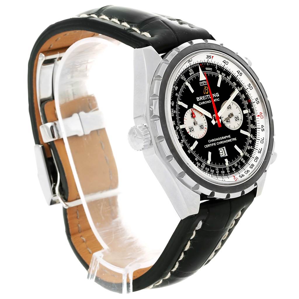 The image shows a Breitling Chronomatic A41360 Men's Stainless Steel Black Dial A41360 Men's Stainless Steel Black Dial watch at an angle highlighting its face, bezel, and black leather strap with white stitching.