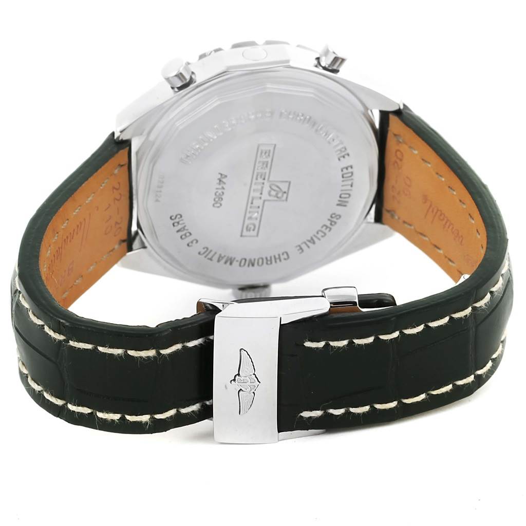 The image shows the back of a Breitling Chronomatic A41360 Men's Stainless Steel Black Dial A41360 Men's Stainless Steel Black Dial watch, focusing on the case back, leather strap, and clasp.