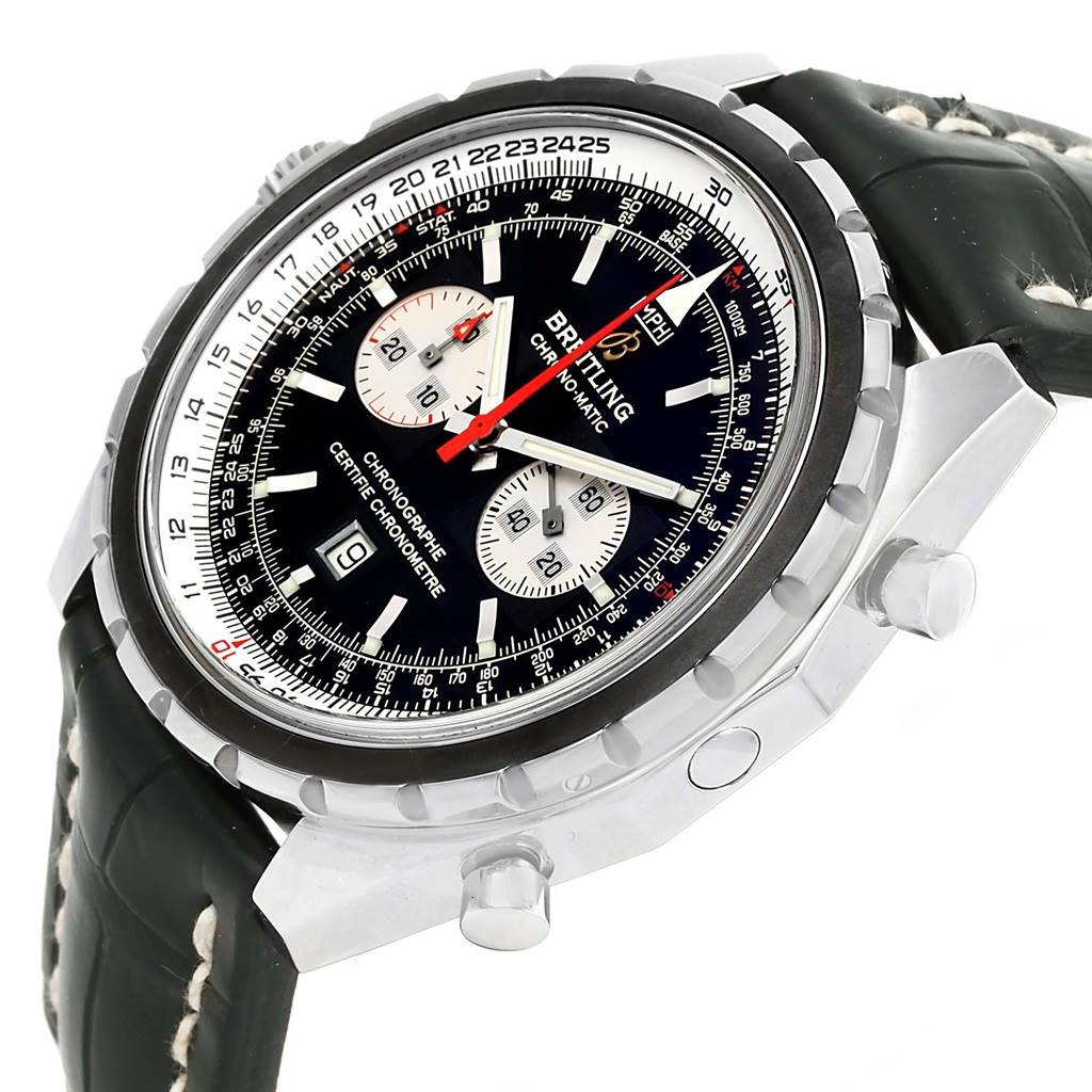The image shows a Breitling Chronomatic A41360 Men's Stainless Steel Black Dial A41360 Men's Stainless Steel Black Dial watch at an angled side view, highlighting the dial, bezel, pushers, and strap.