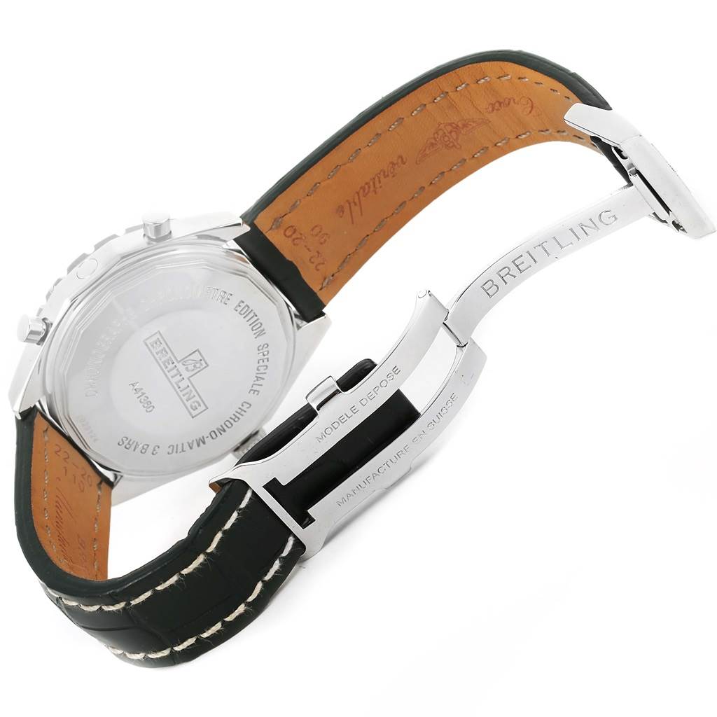 The image shows the back and partial strap, including the clasp, of a Breitling Chronomatic A41360 Men's Stainless Steel Black Dial A41360 Men's Stainless Steel Black Dial watch.