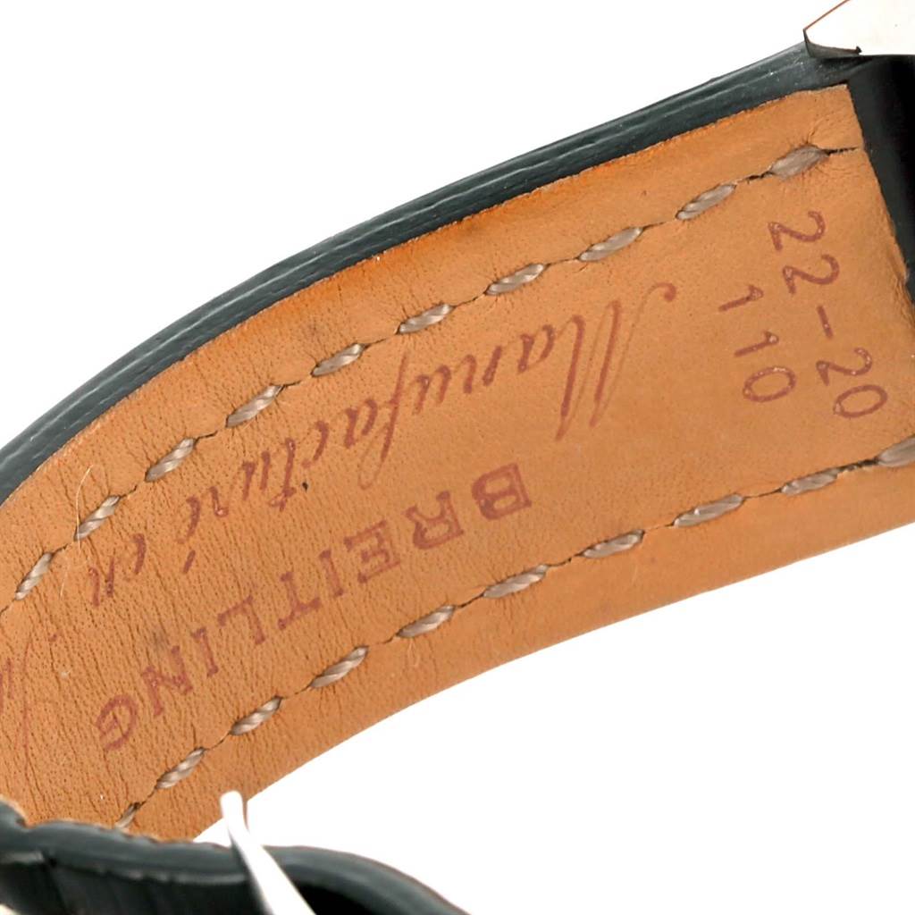 This image shows the detailed stitching and inner leather side of the strap for a Breitling Chronomatic A41360 Men's Stainless Steel Black Dial A41360 Men's Stainless Steel Black Dial watch.