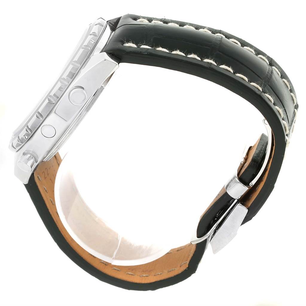 The side view of a Breitling Chronomatic A41360 Men's Stainless Steel Black Dial A41360 Men's Stainless Steel Black Dial watch displays the case and black leather strap.