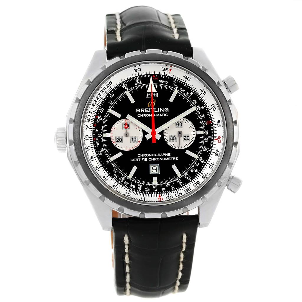 The image shows a front view of a Breitling Chronomatic A41360 Men's Stainless Steel Black Dial A41360 Men's Stainless Steel Black Dial watch, displaying its face, bezel, and leather strap.