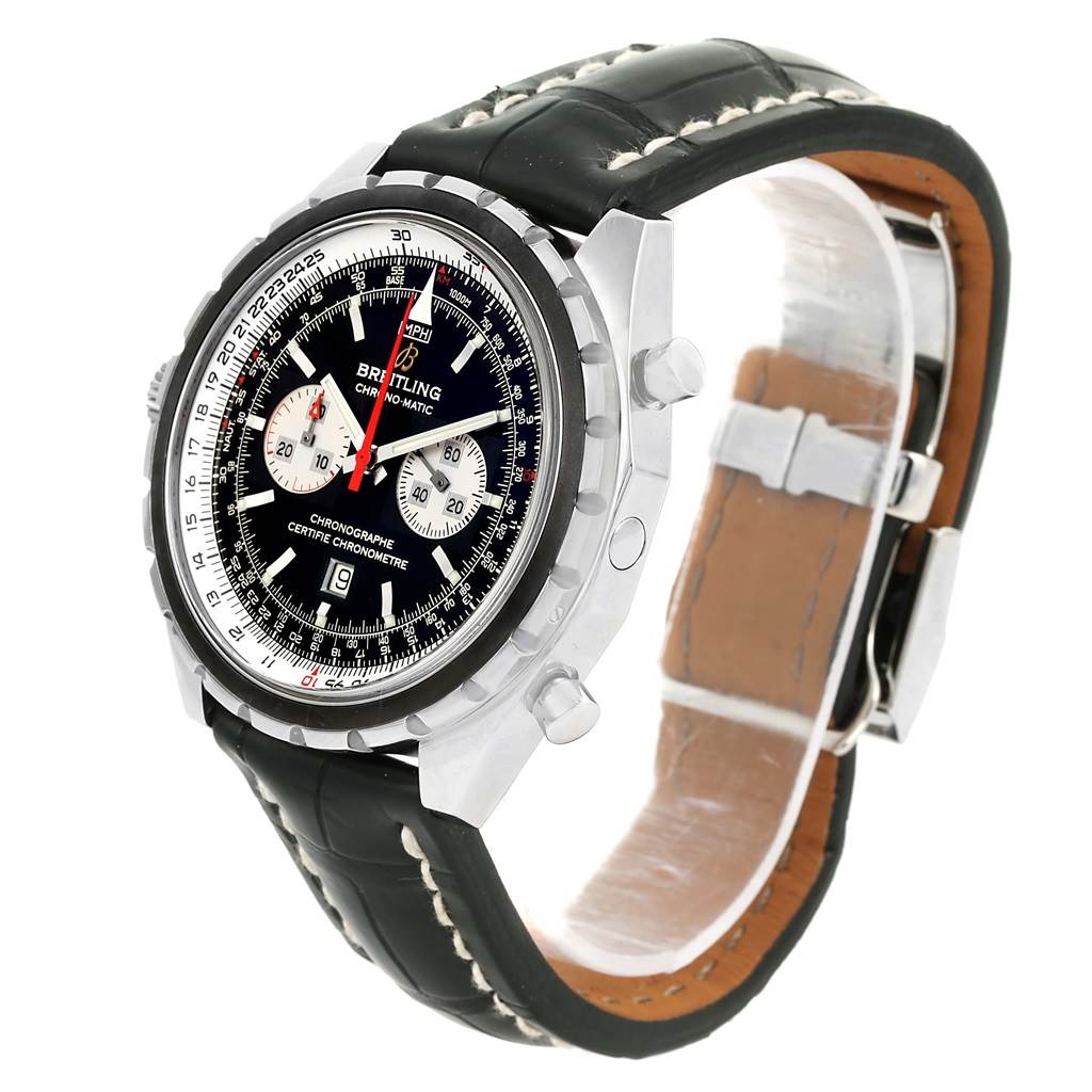The image shows a Breitling Chronomatic A41360 Men's Stainless Steel Black Dial A41360 Men's Stainless Steel Black Dial watch at a three-quarter angle, displaying the face, bezel, side buttons, and leather strap.