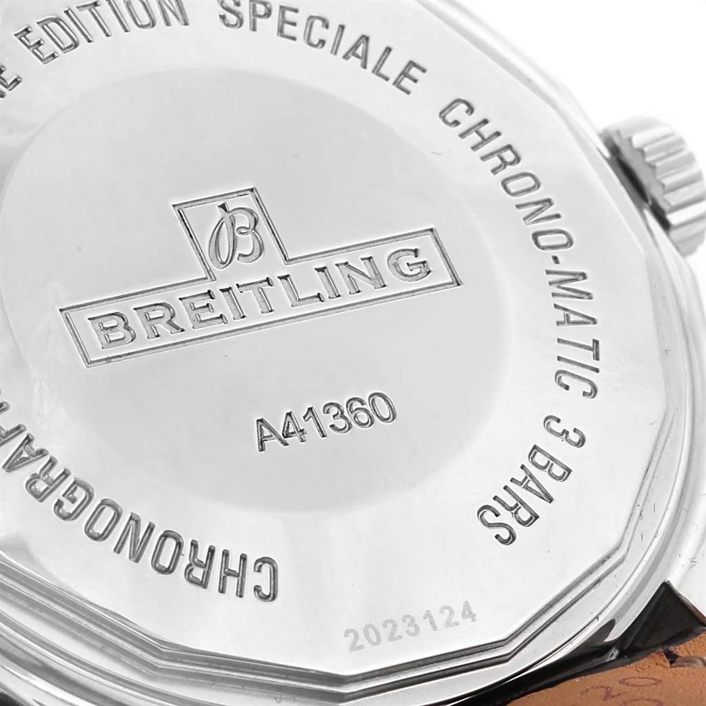 The image shows the back case of a Breitling Chronomatic A41360 Men's Stainless Steel Black Dial A41360 Men's Stainless Steel Black Dial watch with engraved details.