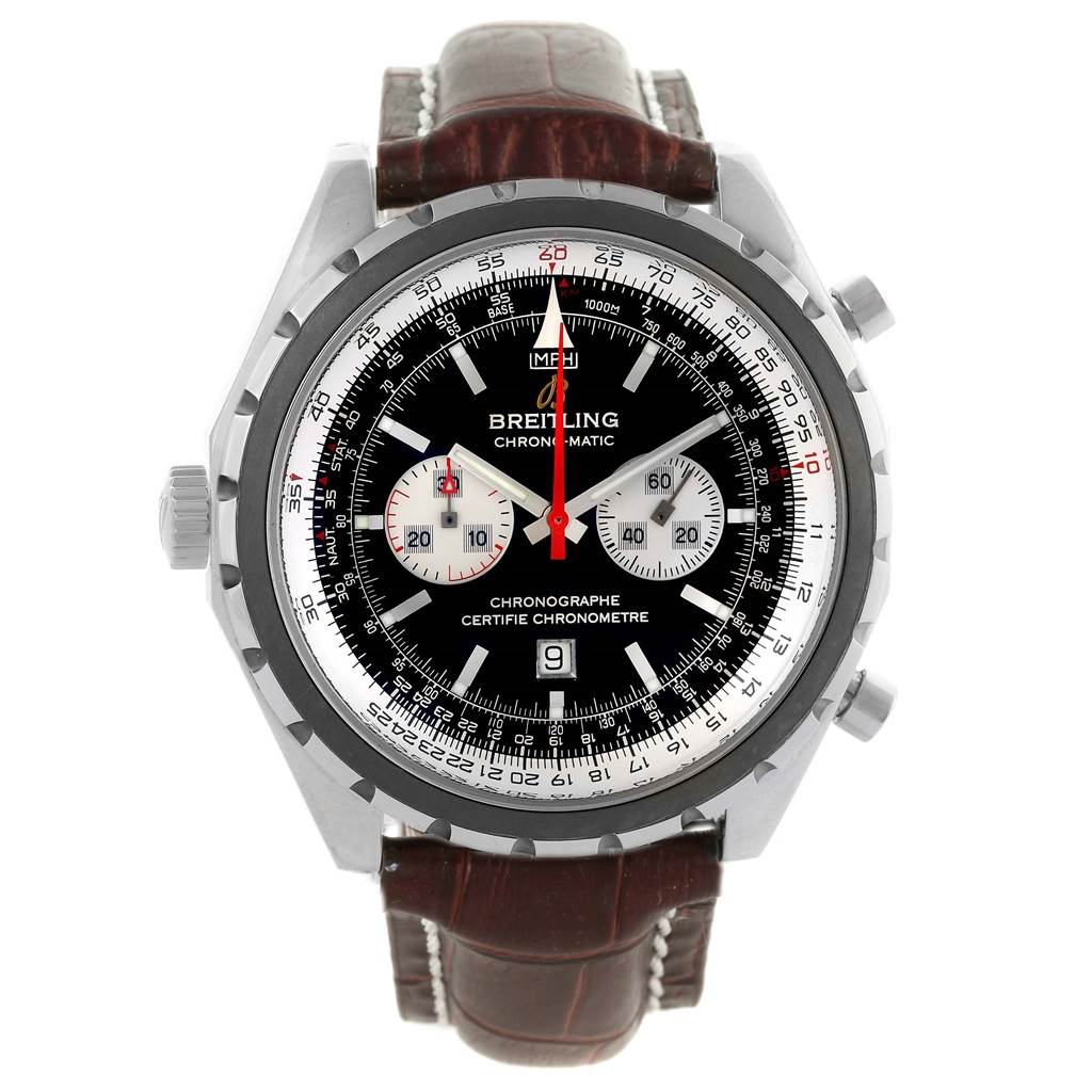 The image shows a frontal view of the Breitling Chronomatic A41360 Men's Stainless Steel Black Dial A41360 Men's Stainless Steel Black Dial watch, highlighting its dial, subdials, and leather strap.