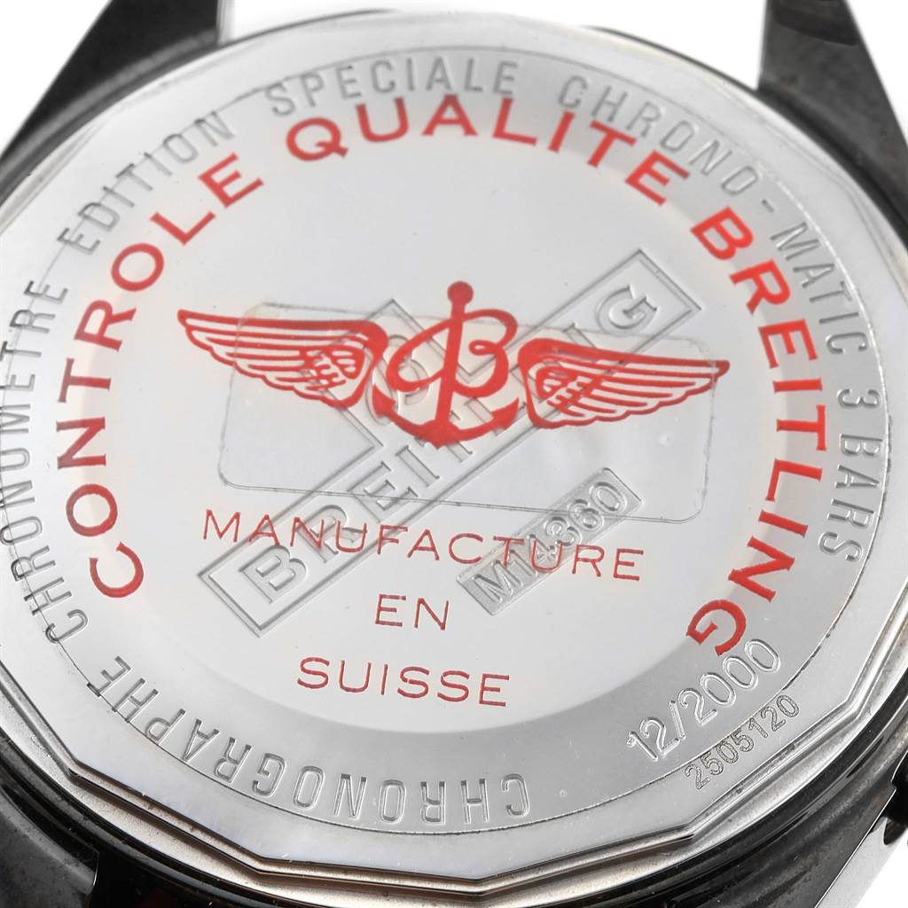 The image shows the back case of a Breitling Chronomatic M14360 Men's Stainless Steel Black Dial M14360 Men's Stainless Steel Black Dial watch at a close-up angle.