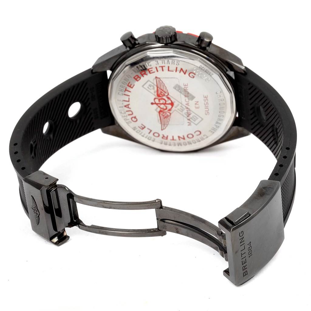 The image shows the back and clasp of the Breitling Chronomatic M14360 Men's Stainless Steel Black Dial M14360 Men's Stainless Steel Black Dial watch, with its branding and rubber strap visible.