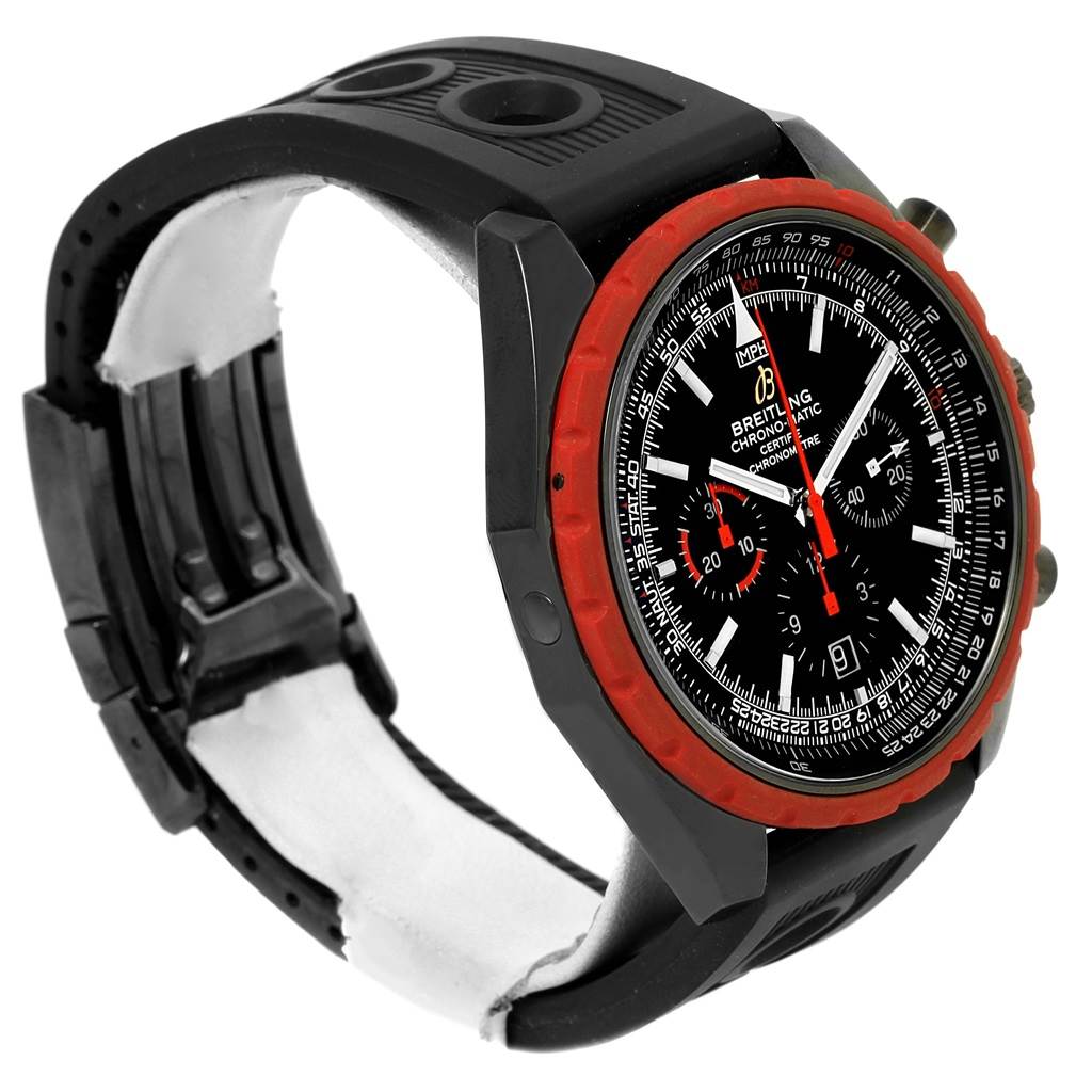 The image shows a side angle of a Breitling Chronomatic M14360 Men's Stainless Steel Black Dial M14360 Men's Stainless Steel Black Dial watch, highlighting the case, dial, bezel, and part of the strap.