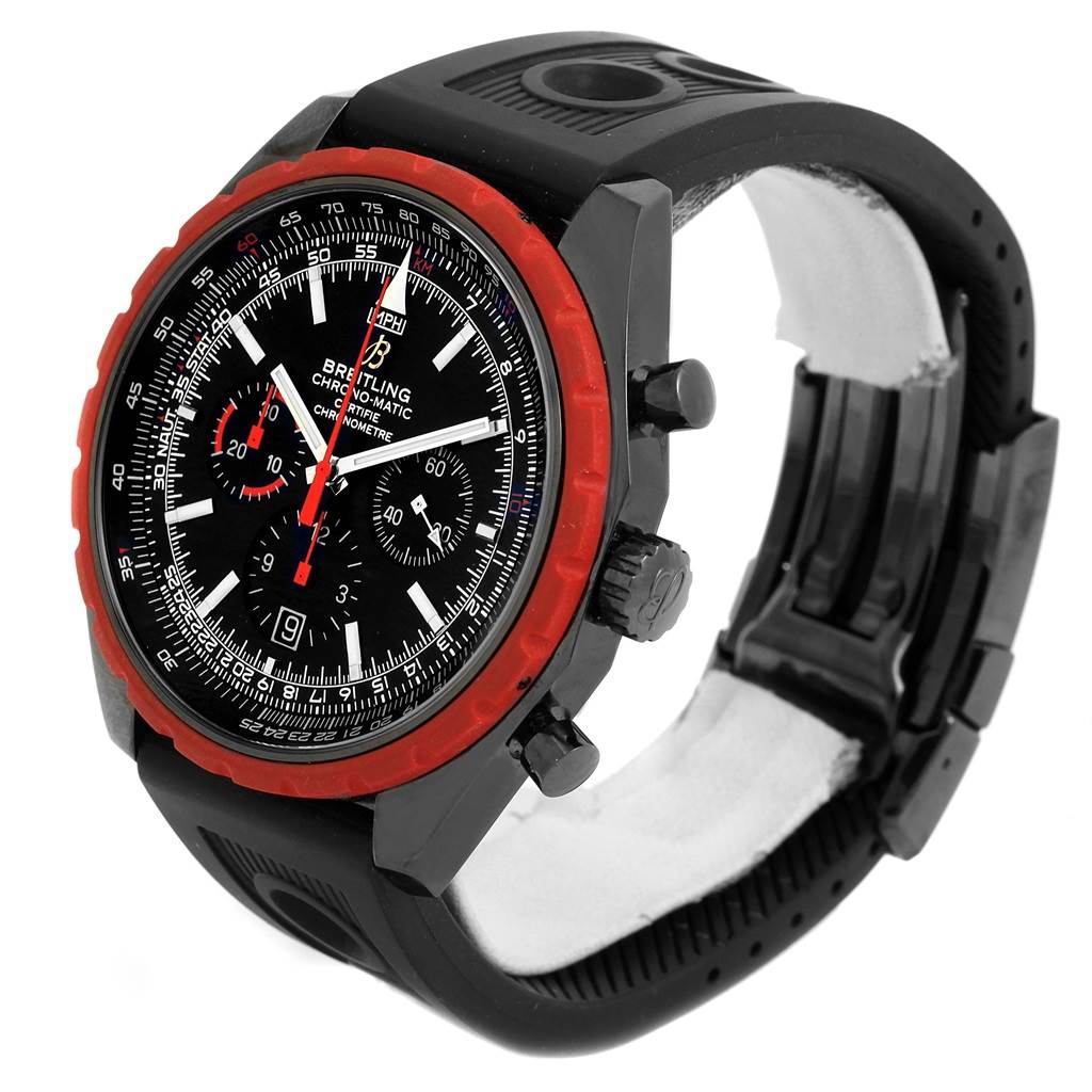 The image shows a Breitling Chronomatic M14360 Men's Stainless Steel Black Dial M14360 Men's Stainless Steel Black Dial model watch at a three-quarter angle, highlighting its face, bezel, crown, and band.