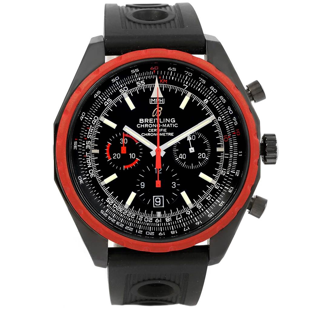 This image shows a front view of a Breitling Chronomatic M14360 Men's Stainless Steel Black Dial M14360 Men's Stainless Steel Black Dial watch, highlighting the face, bezel, and pushers.