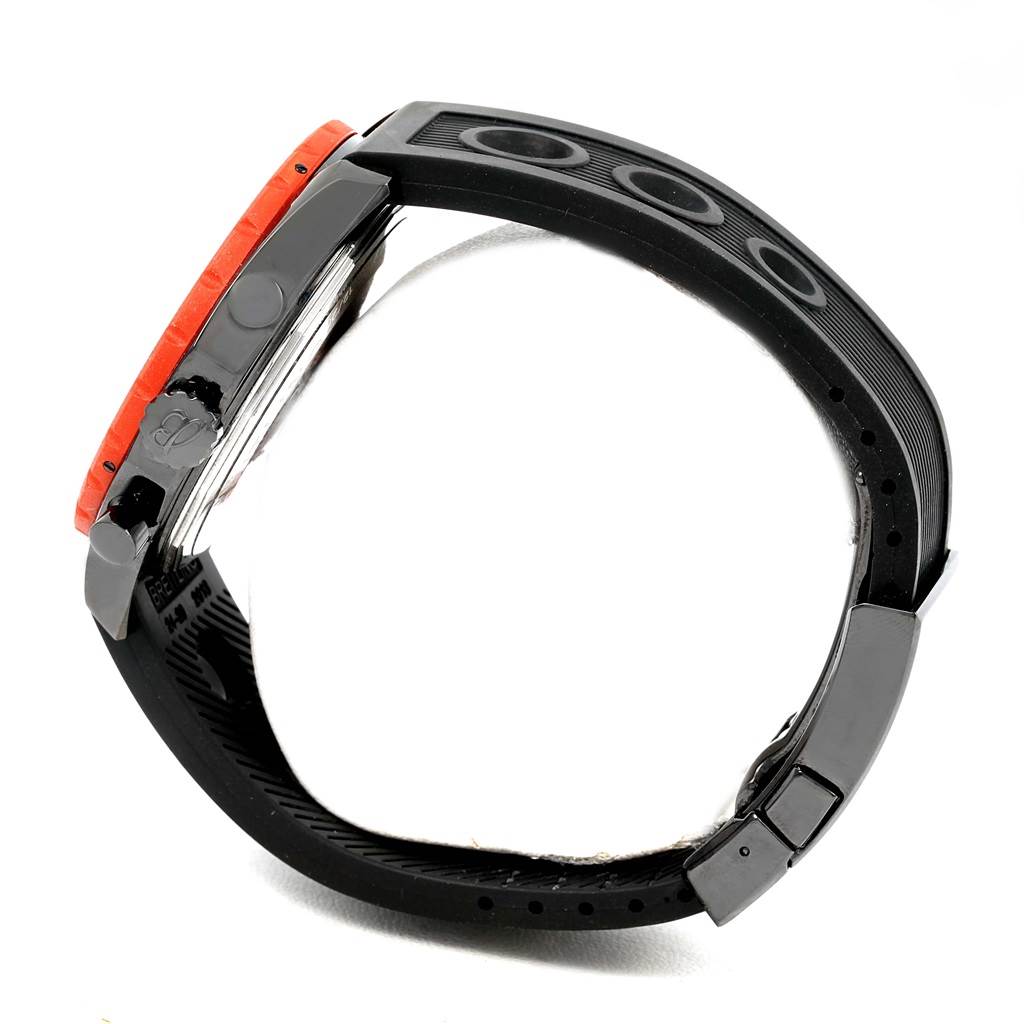 The image shows a Breitling Chronomatic M14360 Men's Stainless Steel Black Dial M14360 Men's Stainless Steel Black Dial watch from the side, highlighting the case, bezel, pushers, and strap.