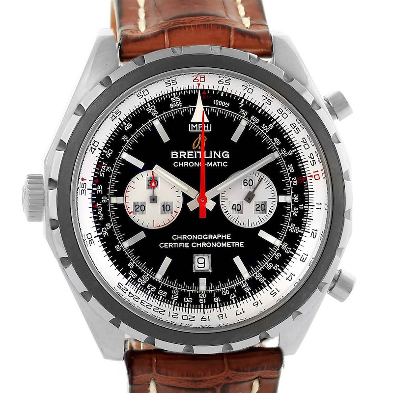 Breitling Chronomatic Left Crown Brown Strap Watch A41360 Box Papers SwissWatchExpo