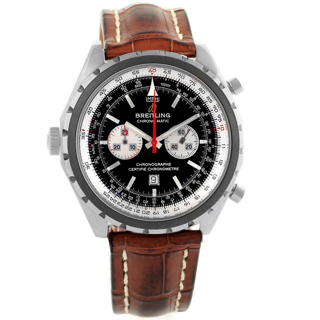 This image shows a Breitling Chronomatic A41360 Men's Stainless Steel Black Dial A41360 Men's Stainless Steel Black Dial watch from a front angle, displaying its dial, chronograph subdials, and leather strap.