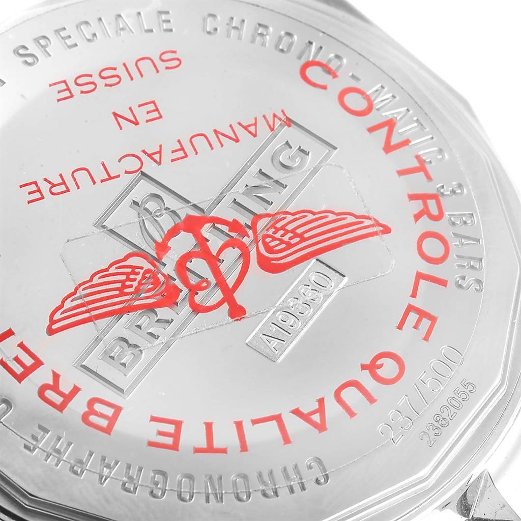 The image shows the back case of a Breitling Chronomatic A19360 Men's Stainless Steel Black Dial A19360 Men's Stainless Steel Black Dial watch with engraved brand details and model information.