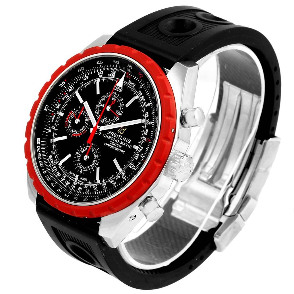 The Breitling Chronomatic A19360 Men's Stainless Steel Black Dial A19360 Men's Stainless Steel Black Dial watch is shown at a three-quarter angle, highlighting the red bezel, black dial, and black rubber strap.